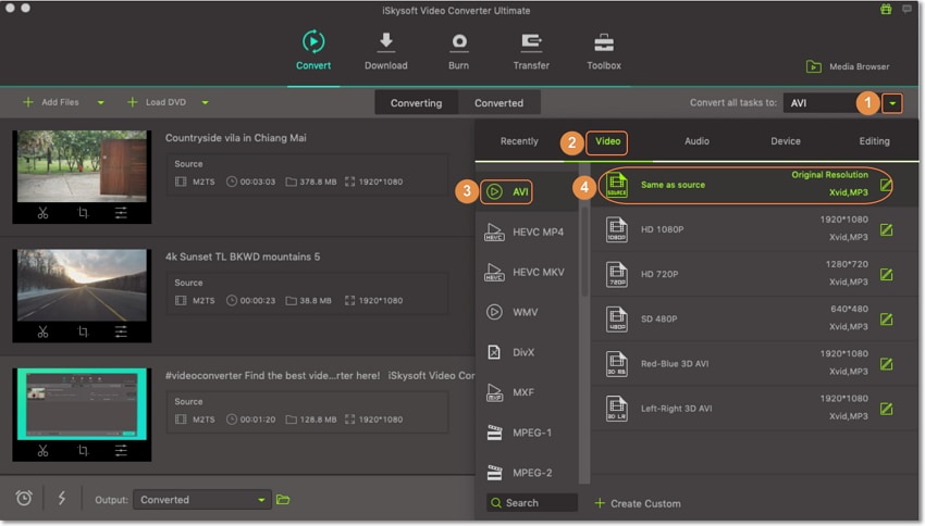 output as avi on mts to avi converter