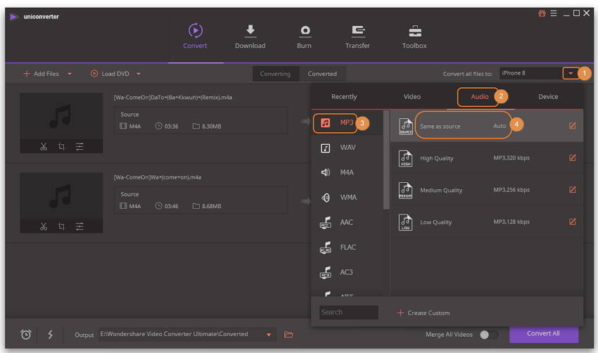 M4A to MP3 compression settings