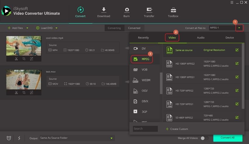 Select MPEG as Output Format