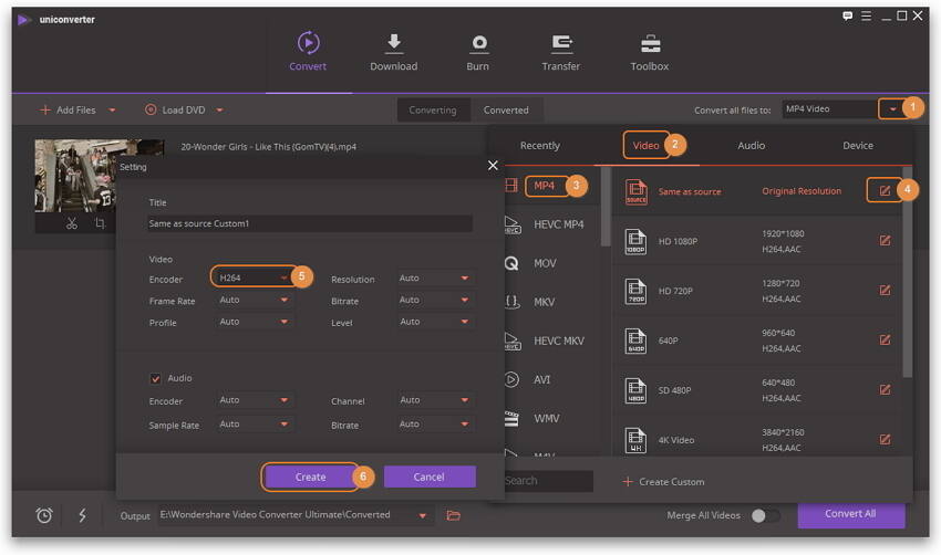 Select MP4 as the output format