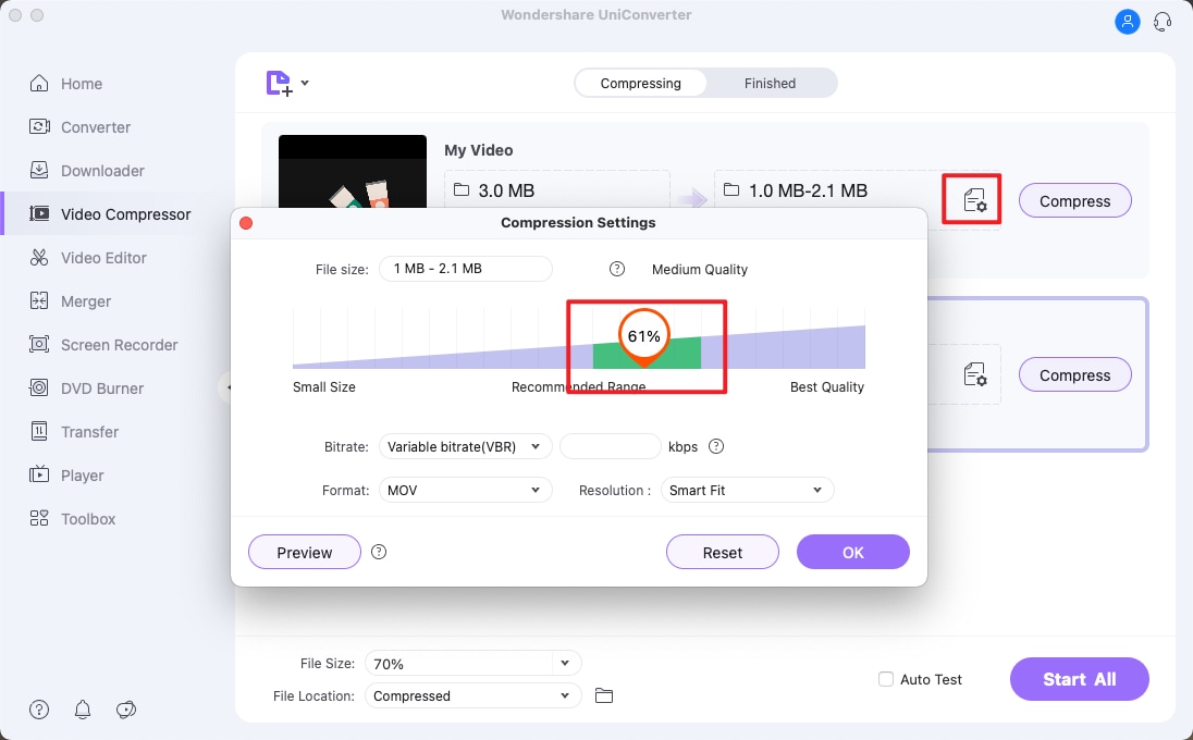 Choose the settings for compression for facebook