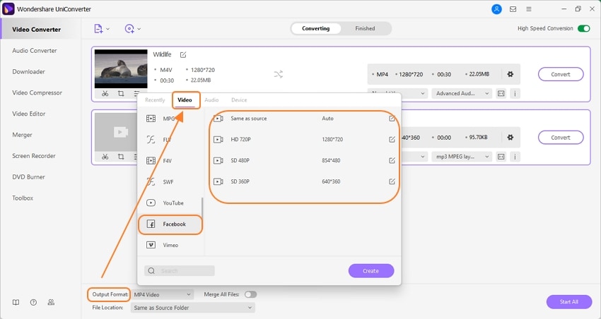 choose facebook output format