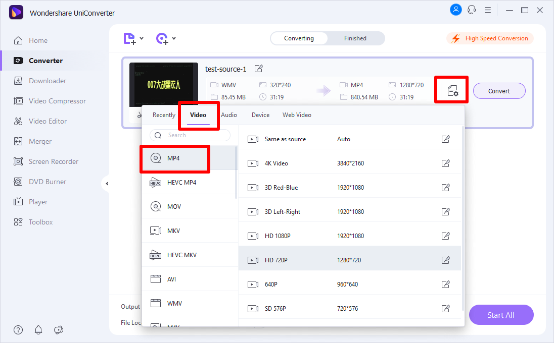 Select MP4 as Output Format