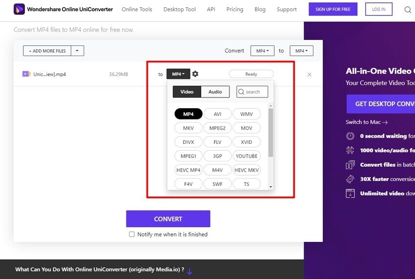 choose mp4 online uniconverter