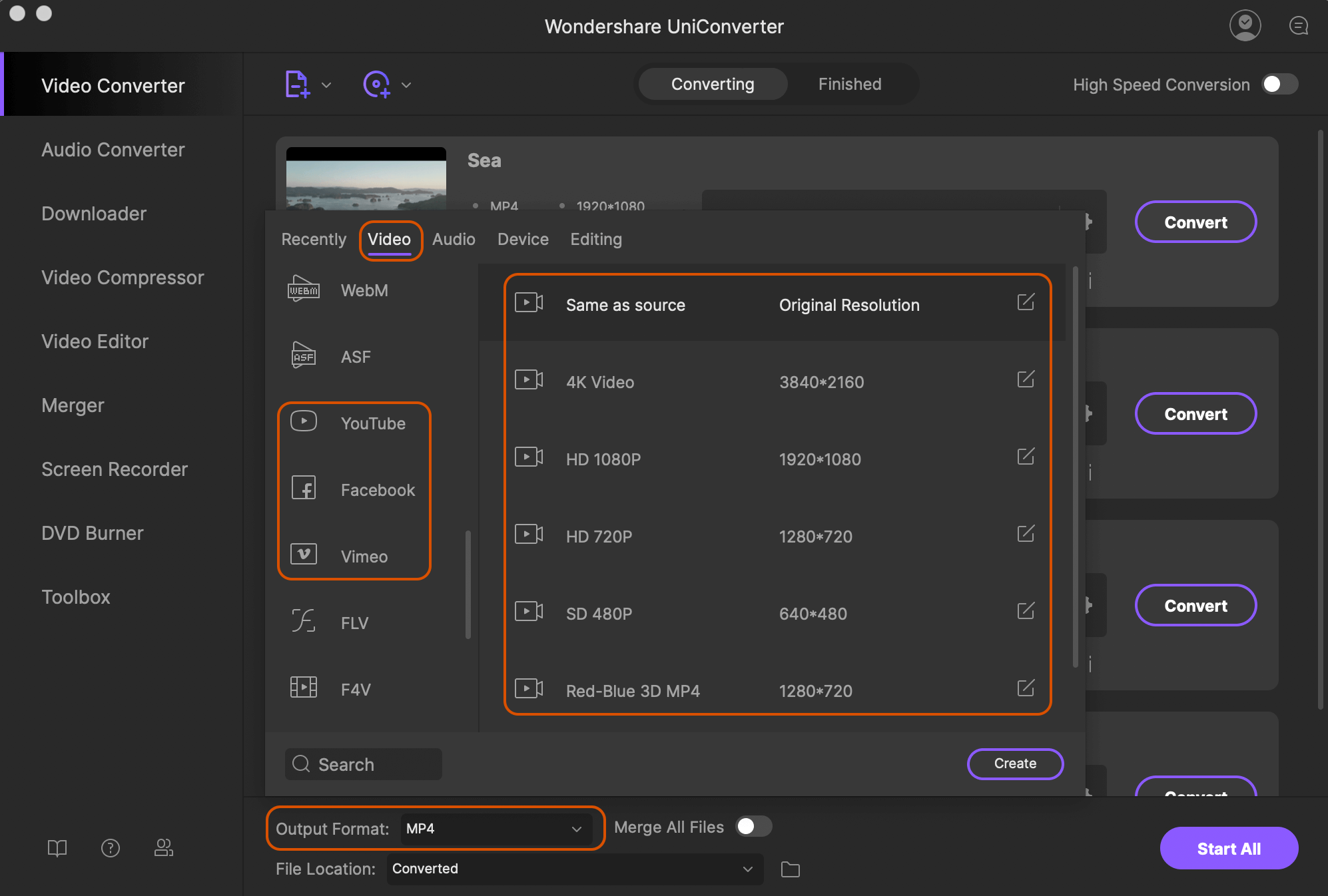 chooes YouTube as output format