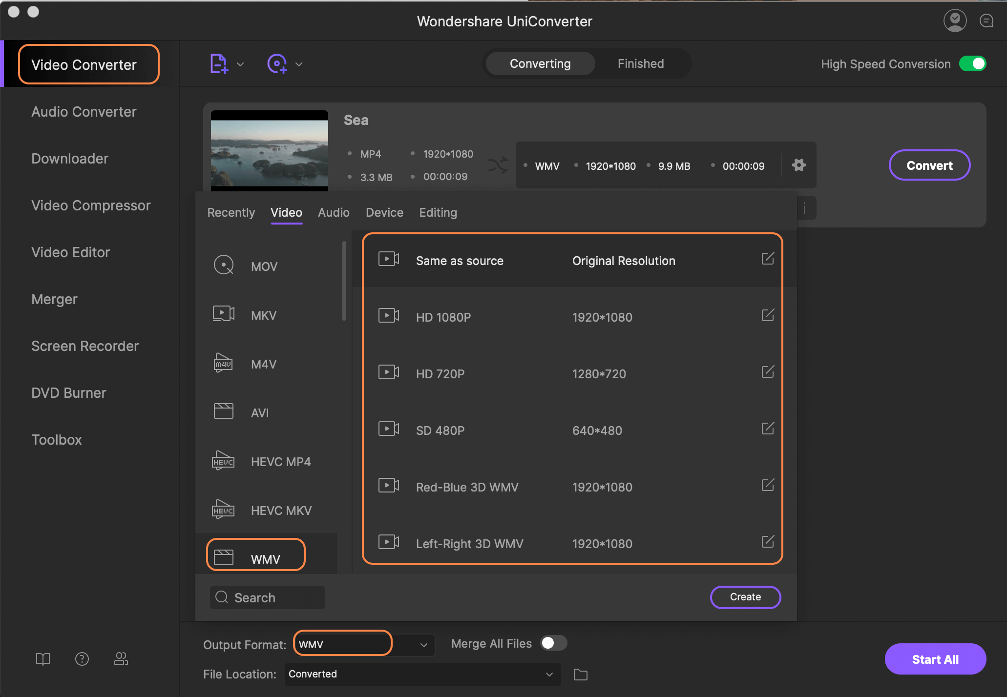 Choose WMV as output format