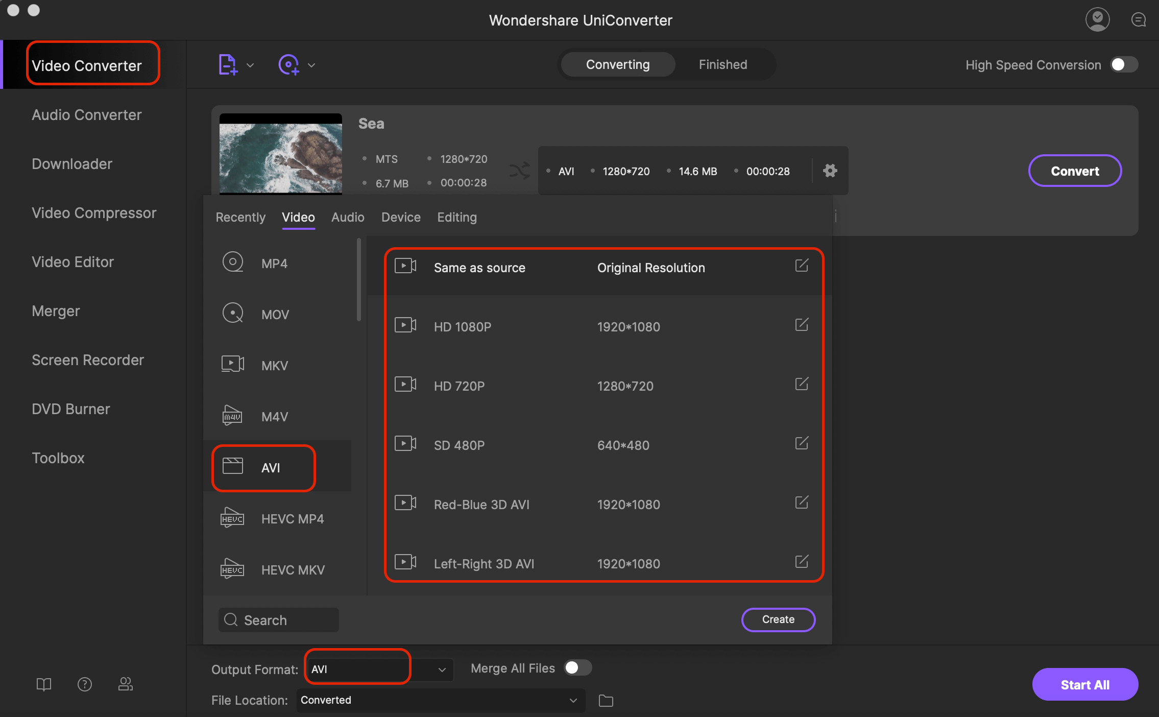 output as avi on mts to avi converter