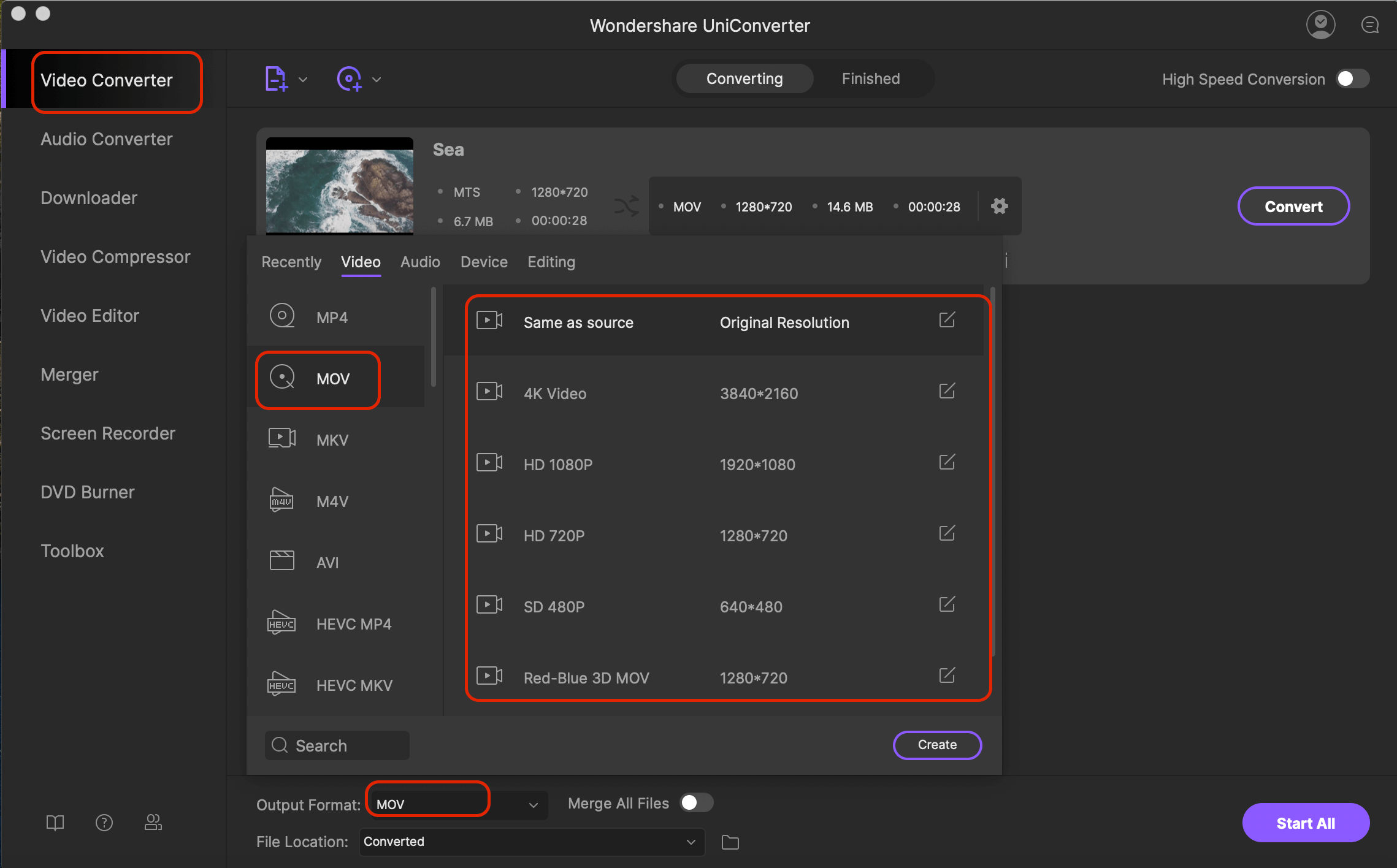 choose output format on mts converter