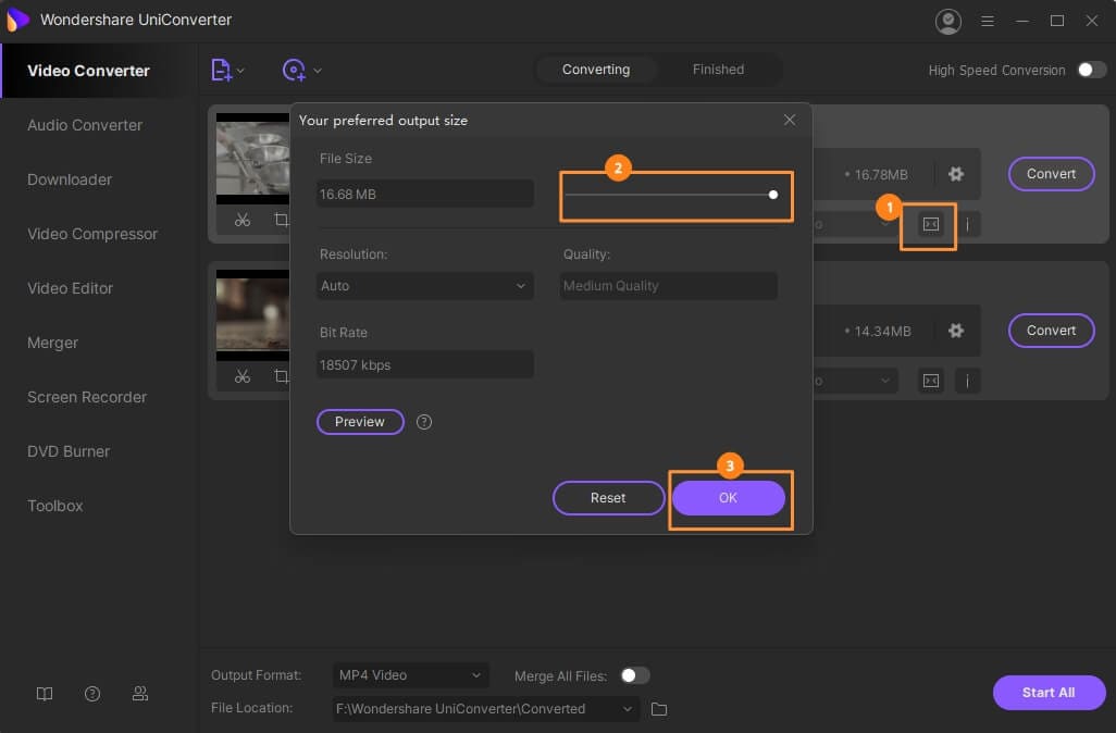 Select an output format and adjust the video size