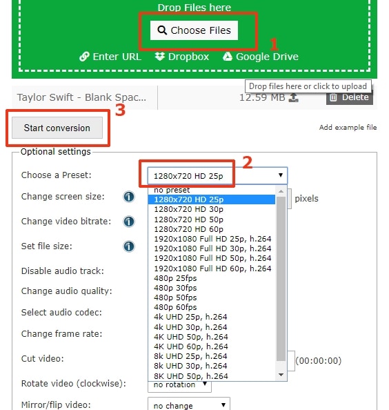 how to change video resolution online with Online Convert