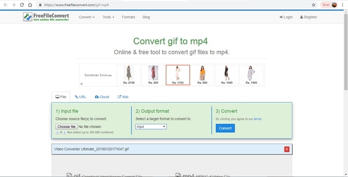 gif to mp4 using FreeFileConvert