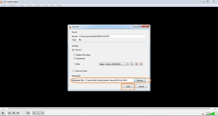 start and save compressed video with vlc